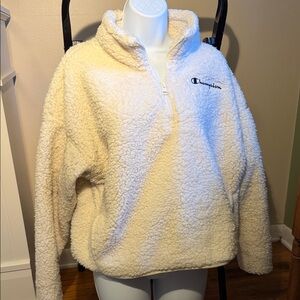 Champion Cream Sherpa Pullover with Navy Script Logo